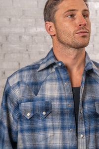 Men's Plush Flannel Blue & Grey Plaid Western Shirt