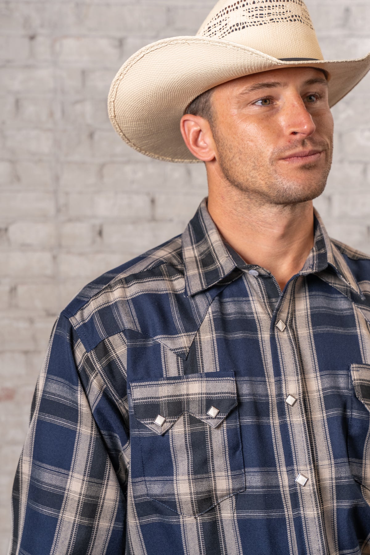 Men's Navy Fine Shadow Plaid Western Shirt