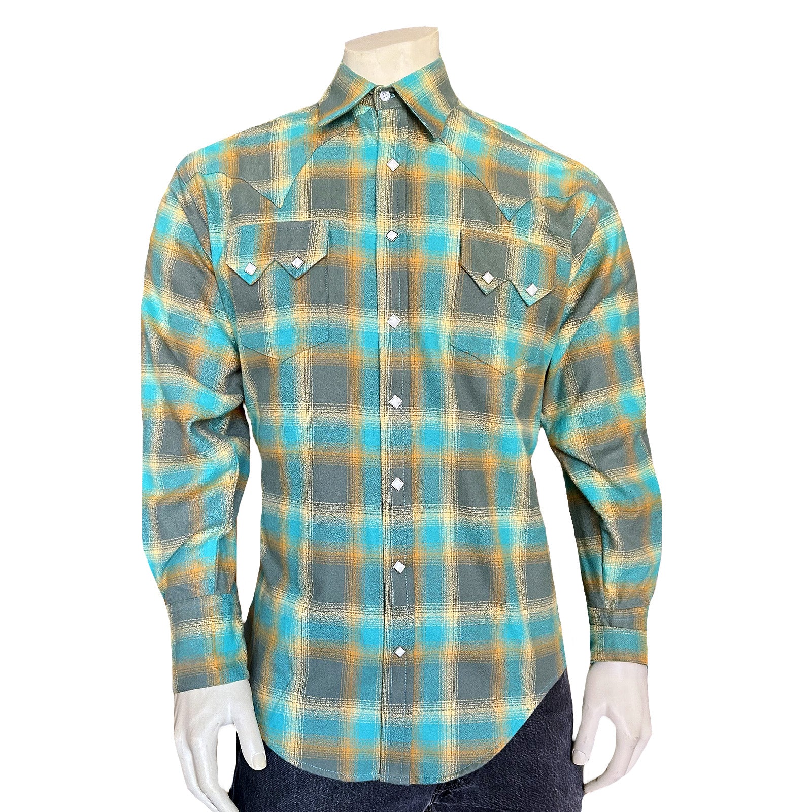 Men's Plush Flannel Green & Turquoise Plaid Western Shirt - Rockmount