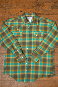 Men's Plush Flannel Green & Turquoise Plaid Western Shirt