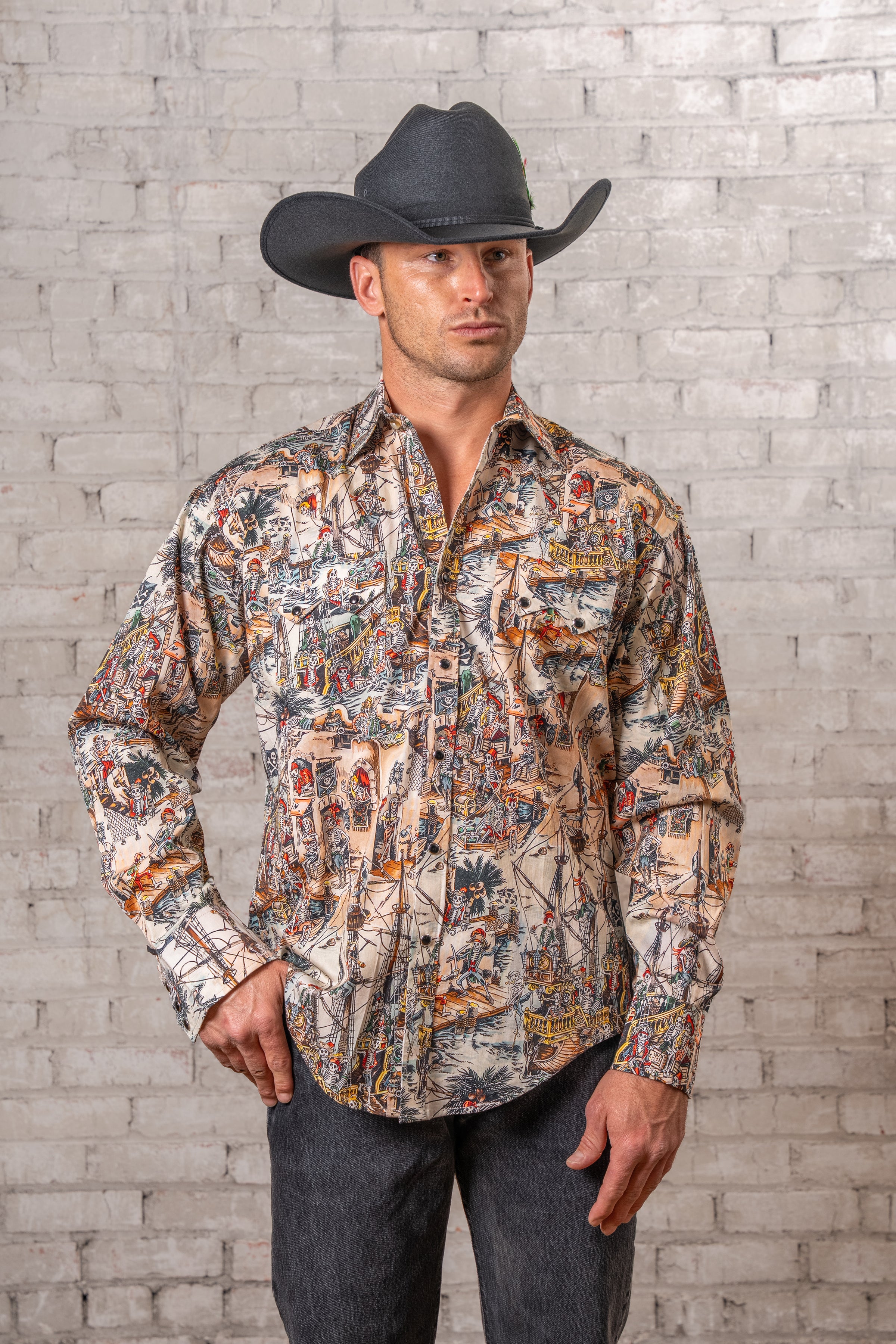 Men's Dead Pirates Print Western Shirt