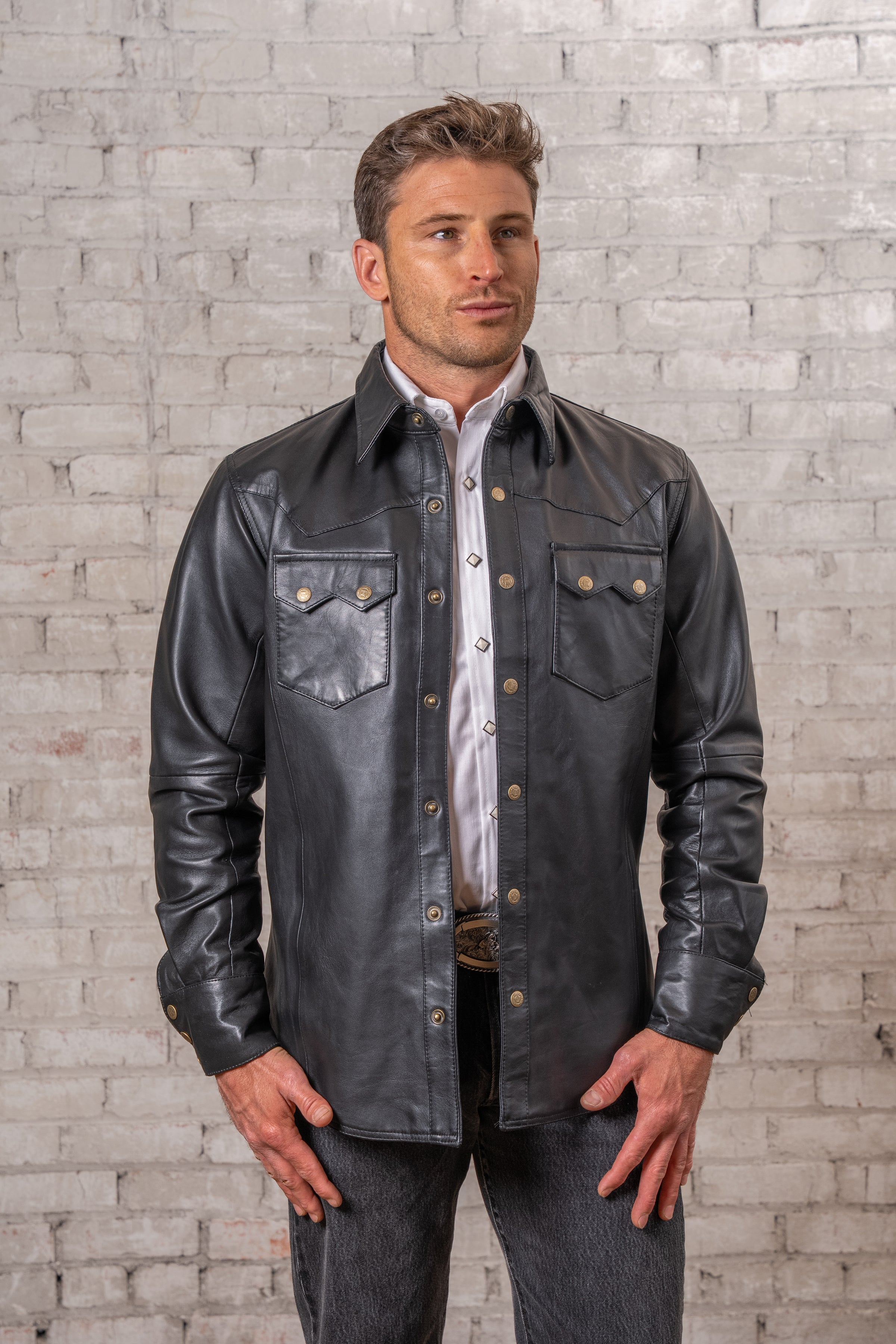 Men's Charcoal Calf Skin Leather Western Shirt