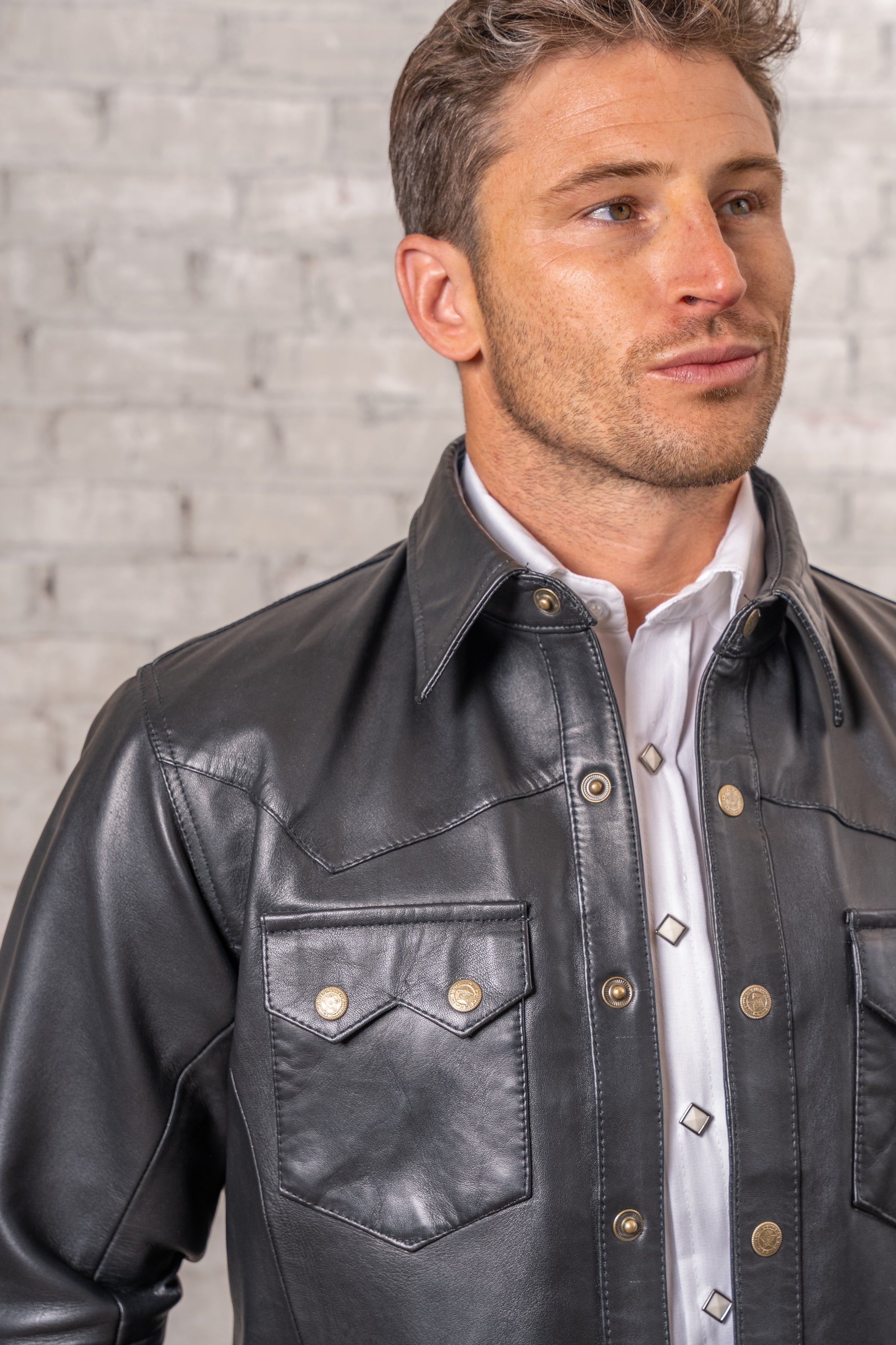 Men's Charcoal Calf Skin Leather Western Shirt