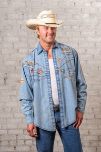Men's Denim Embroidered Map Western Shirt