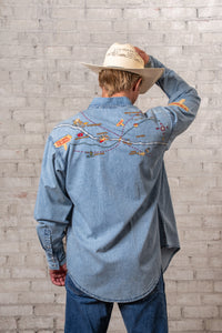 Men's Denim Embroidered Map Western Shirt