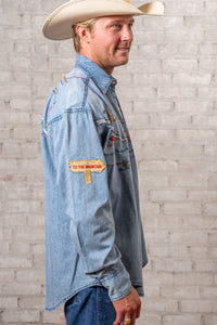 Men's Denim Embroidered Map Western Shirt
