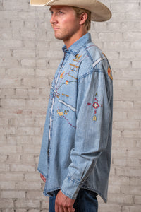 Men's Denim Embroidered Map Western Shirt