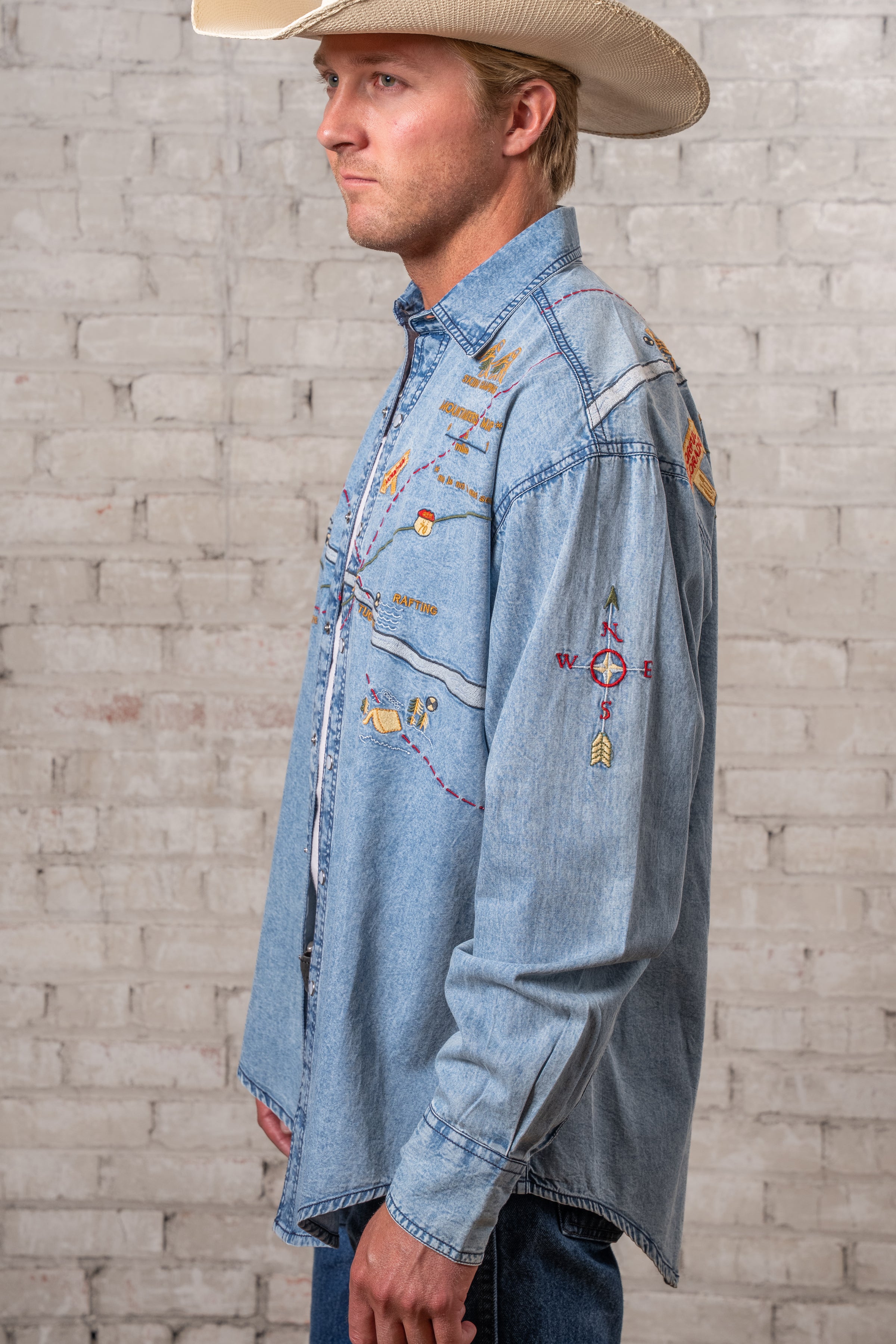 Men's Denim Embroidered Map Western Shirt
