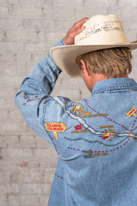 Men's Denim Embroidered Map Western Shirt