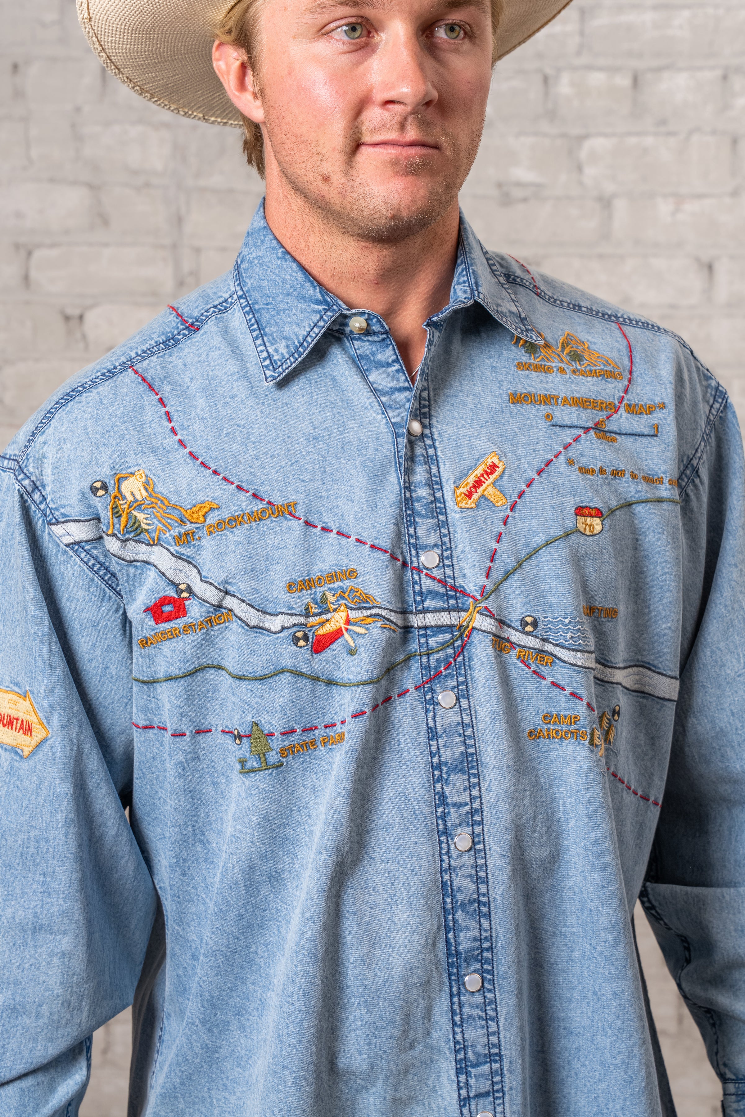 Men's Denim Embroidered Map Western Shirt