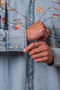 Men's Denim Embroidered Map Western Shirt