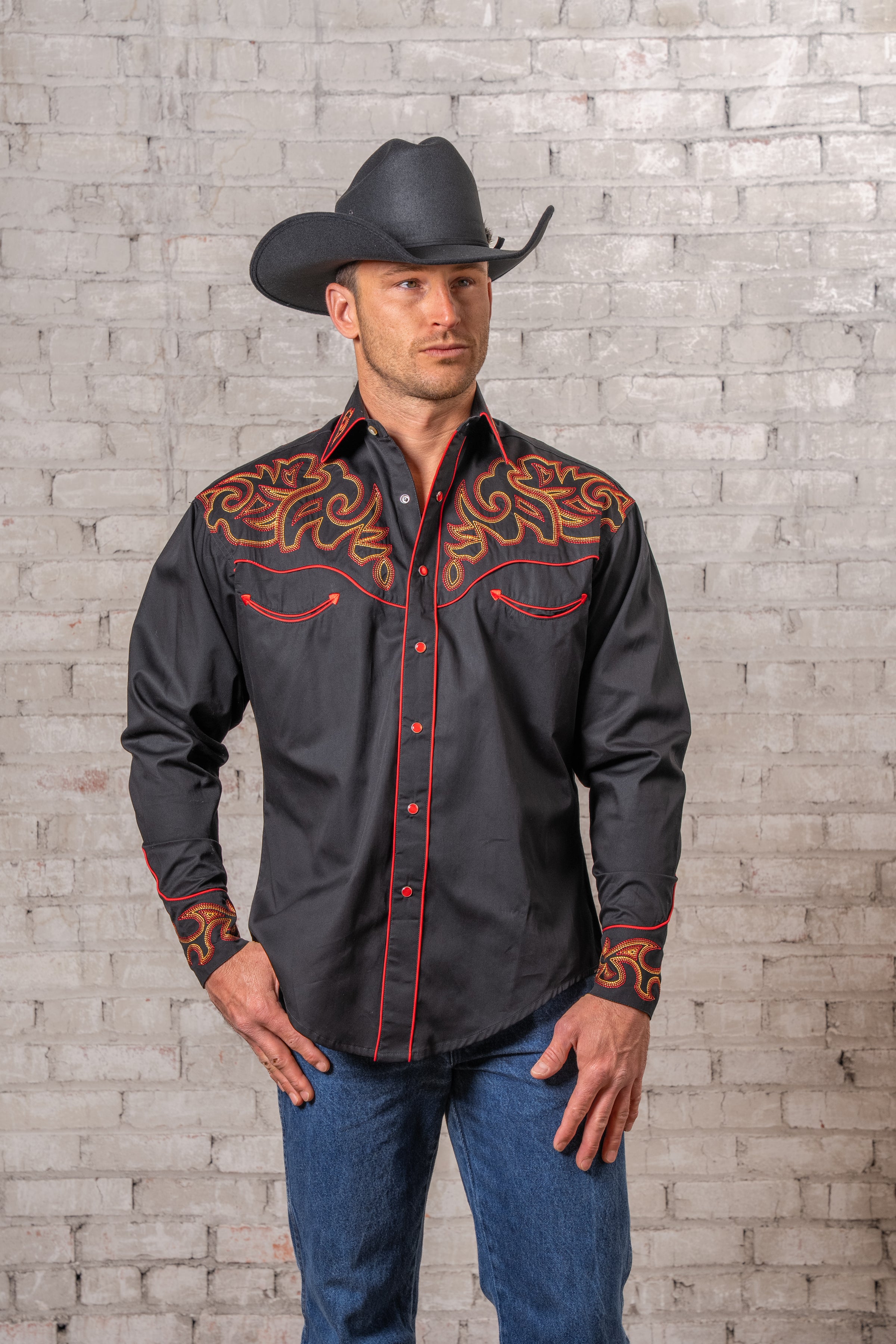 Men's Black Boot Top Embroidered Western Shirt