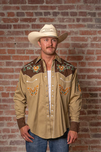 Men's Vintage Tan Floral Butterfly Embroidered Western Shirt