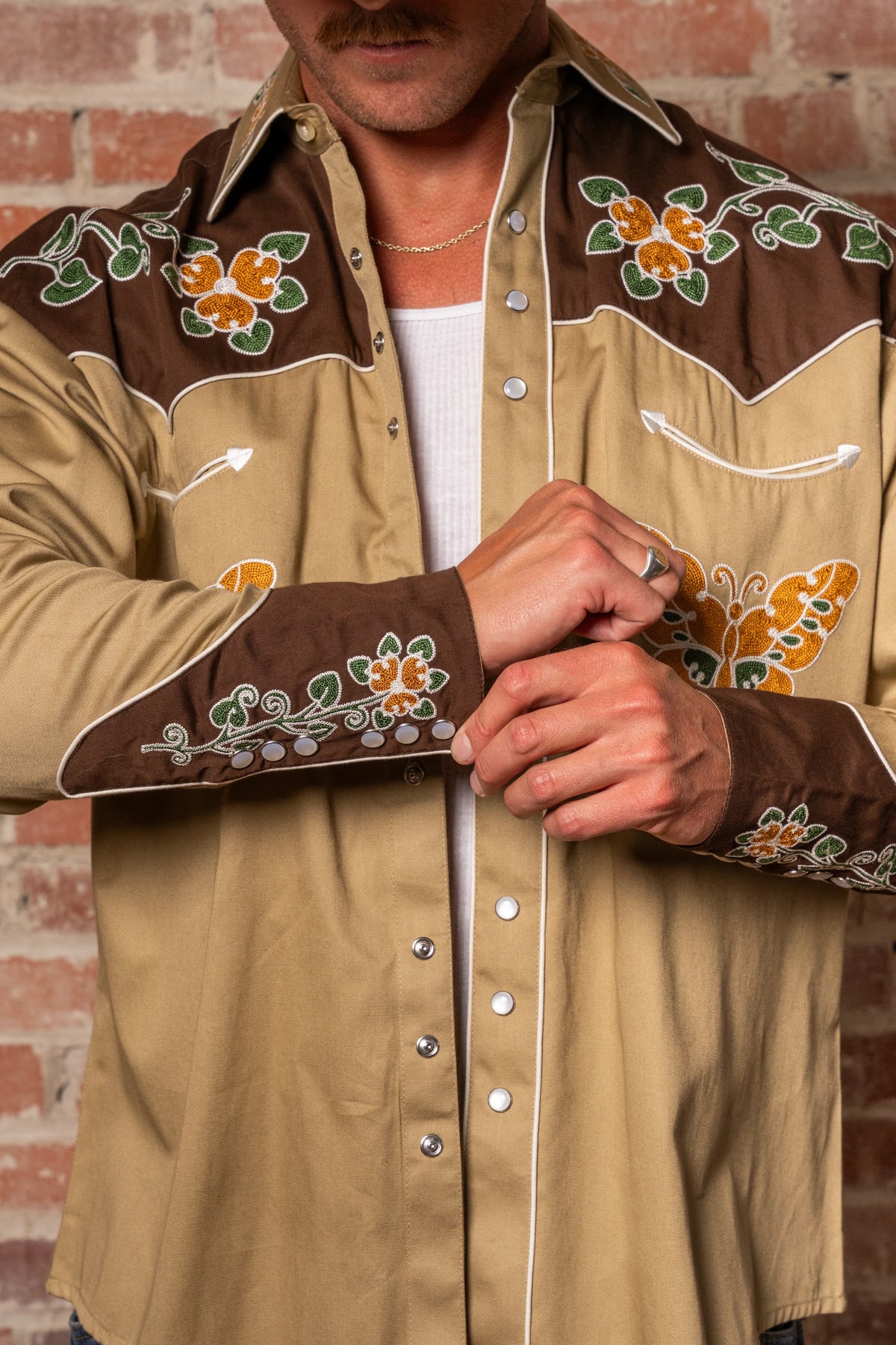Men's Vintage Tan Floral Butterfly Embroidered Western Shirt