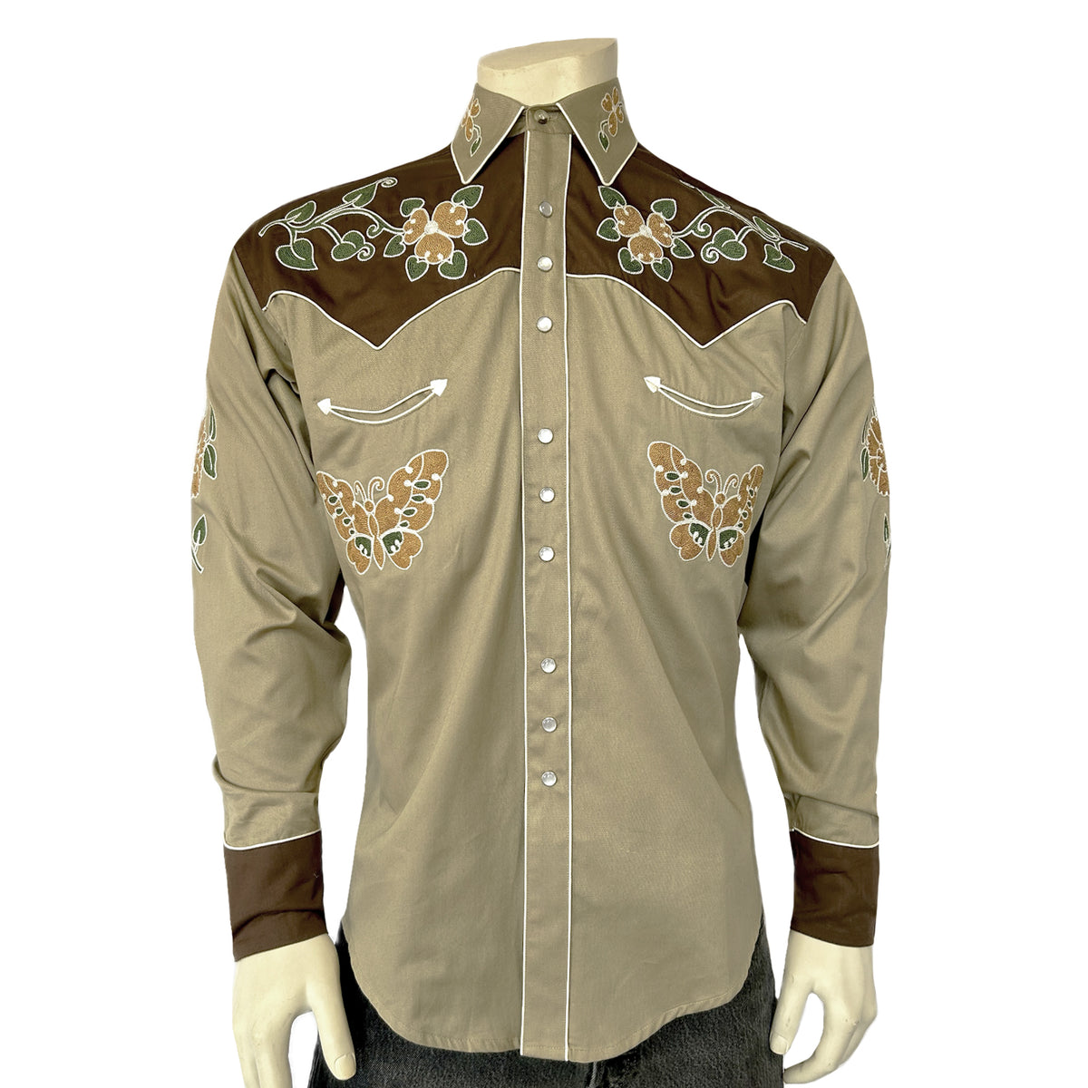Men's Vintage Tan Floral Butterfly Embroidered Western Shirt - Rockmount