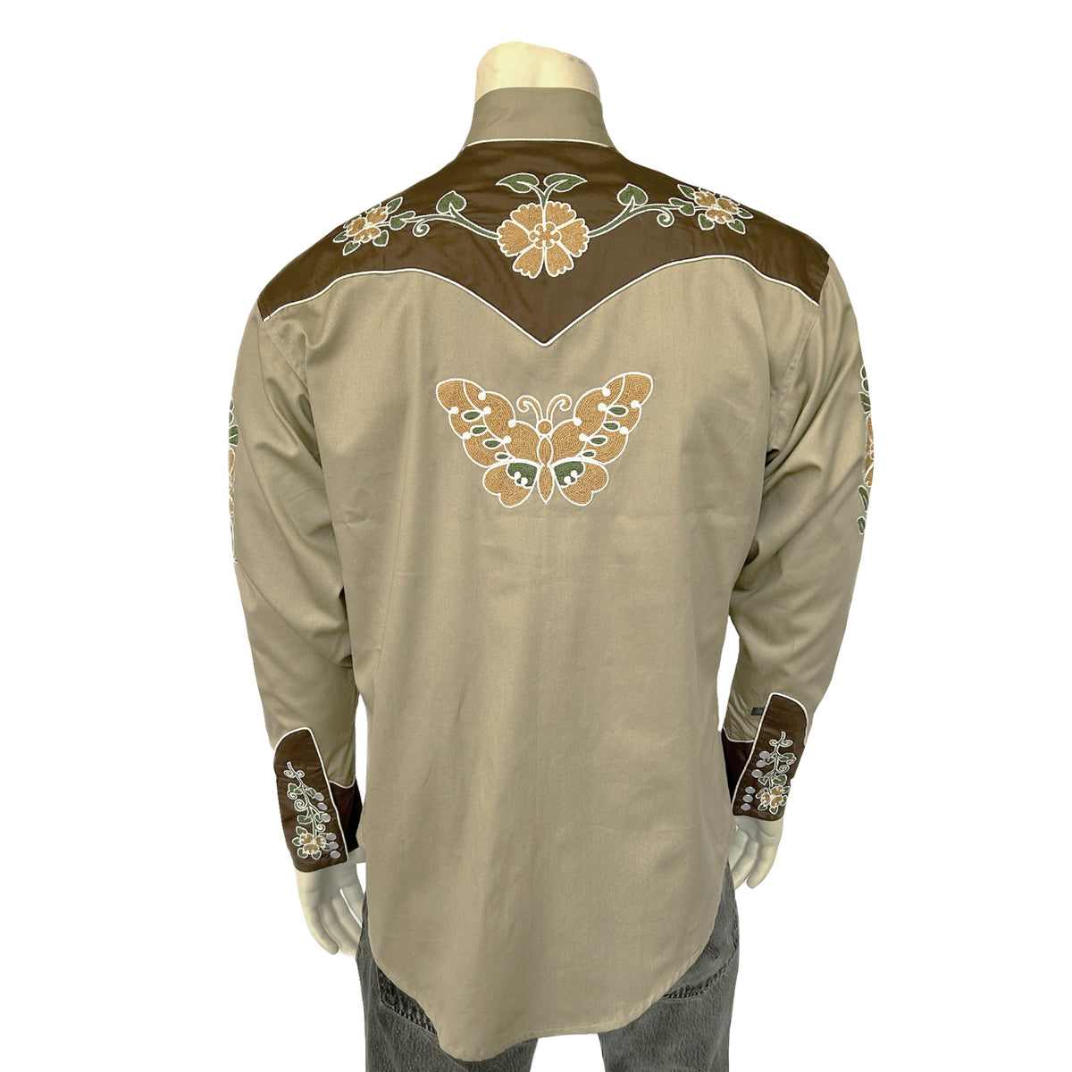 Men's Vintage Tan Floral Butterfly Embroidered Western Shirt - Rockmount