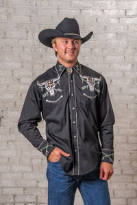 Men’s Vintage Black Steer Skull & Arrow Chain Stitch Embroidered Western Shirt