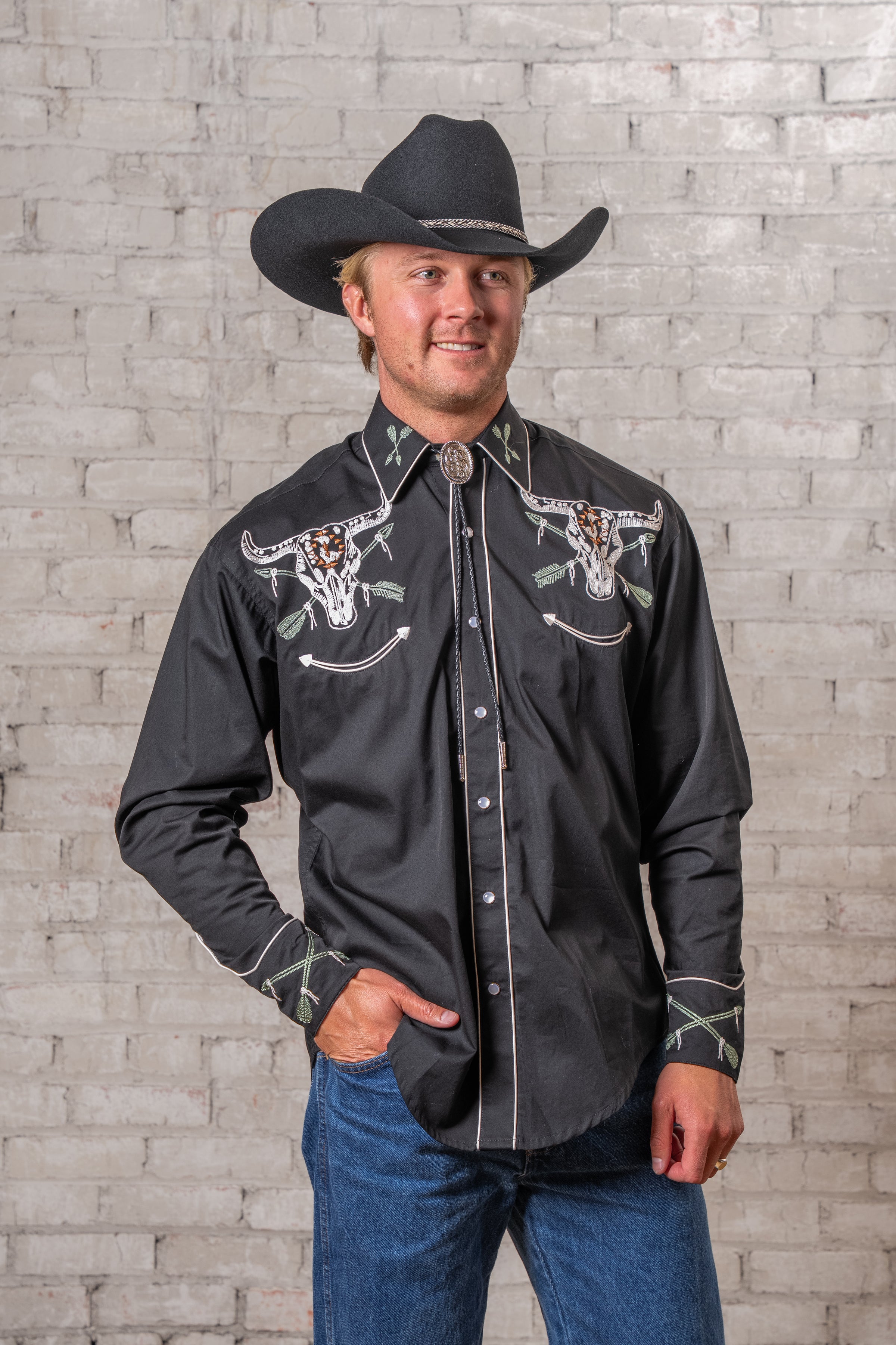 Men’s Vintage Black Steer Skull & Arrow Chain Stitch Embroidered Western Shirt