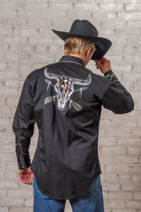 Men’s Vintage Black Steer Skull & Arrow Chain Stitch Embroidered Western Shirt