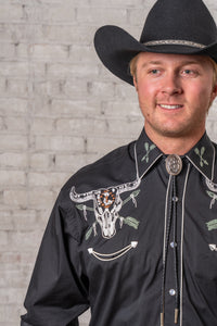 Men’s Vintage Black Steer Skull & Arrow Chain Stitch Embroidered Western Shirt