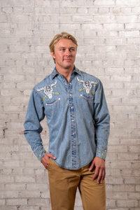 Men’s Vintage Denim Steer Skull & Arrow Chain Stitch Embroidered Western Shirt