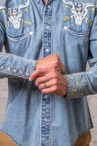 Men’s Vintage Denim Steer Skull & Arrow Chain Stitch Embroidered Western Shirt