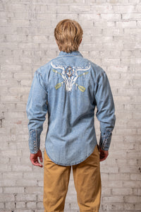 Men’s Vintage Denim Steer Skull & Arrow Chain Stitch Embroidered Western Shirt
