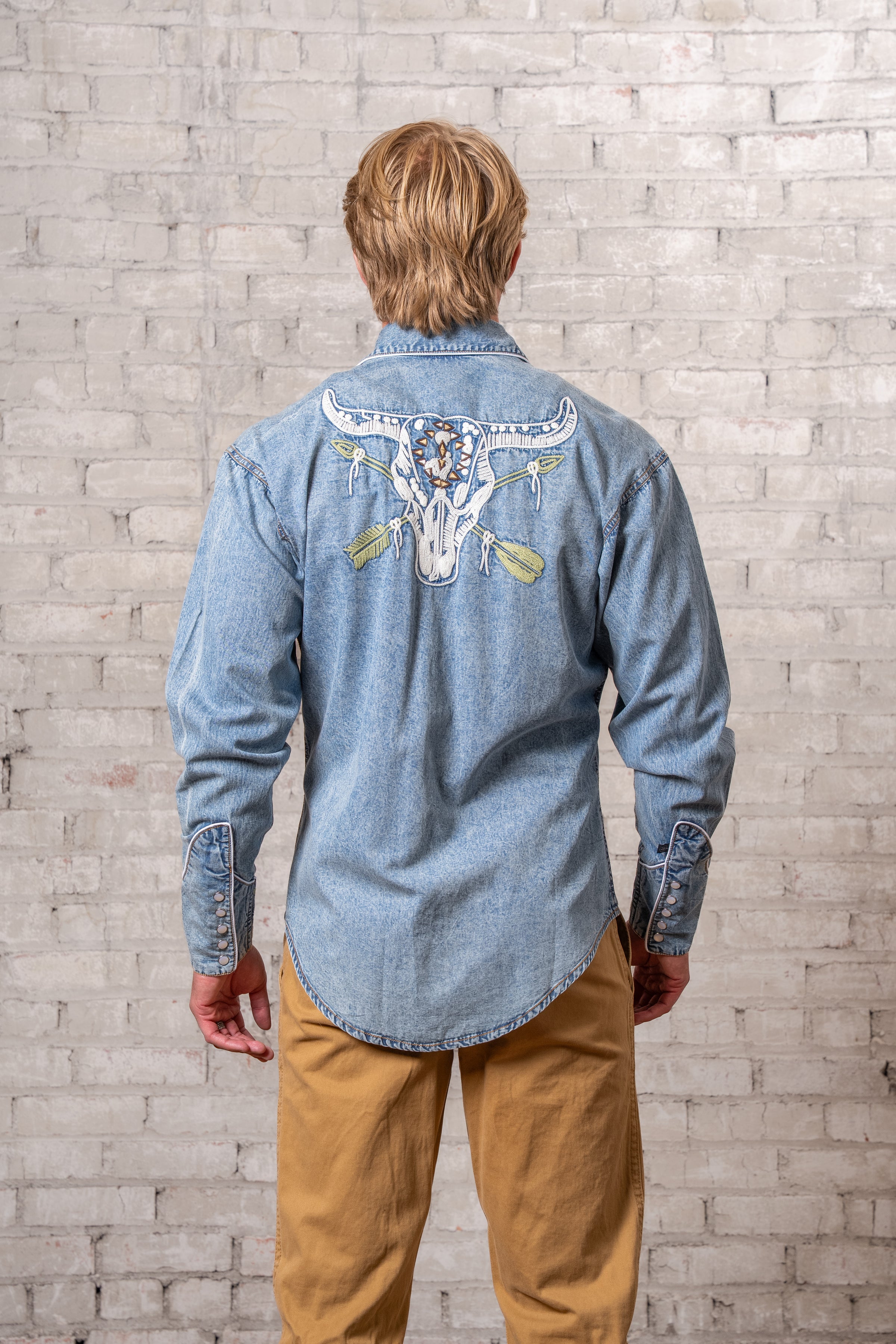 Men’s Vintage Denim Steer Skull & Arrow Chain Stitch Embroidered Western Shirt