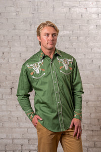 Men’s Vintage Green Steer Skull & Arrow Chain Stitch Embroidered Western Shirt