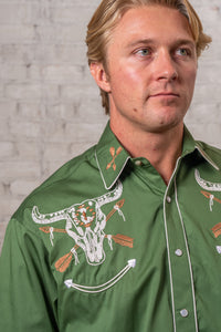 Men’s Vintage Green Steer Skull & Arrow Chain Stitch Embroidered Western Shirt