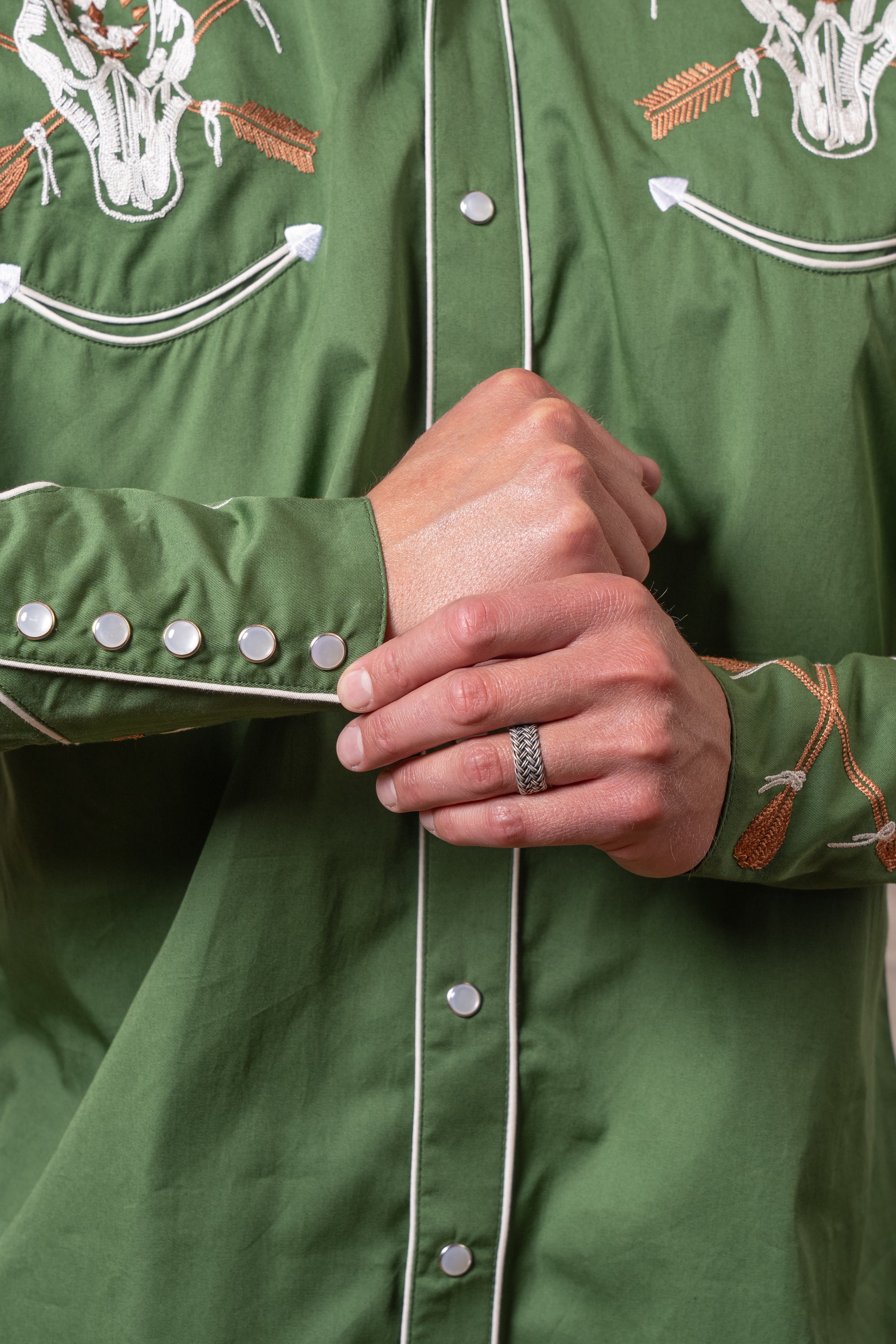 Men’s Vintage Green Steer Skull & Arrow Chain Stitch Embroidered Western Shirt