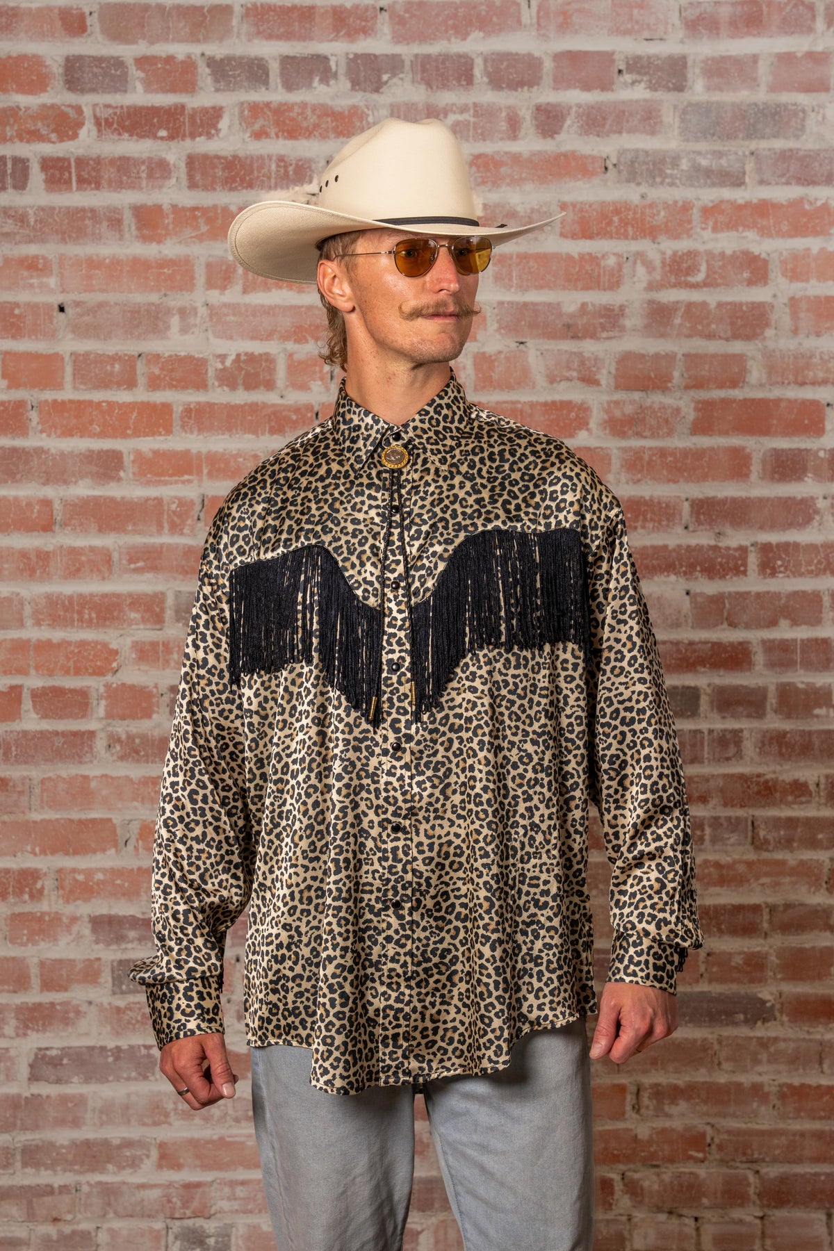 Men's Rock Star Leopard Fringe Western Shirt by Rockmount Ranch Wear with vintage fringe and snap buttons
