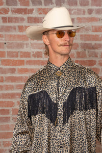 Men's Rock Star Leopard Fringe Western Shirt by Rockmount Ranch Wear in vintage fringe with snap front