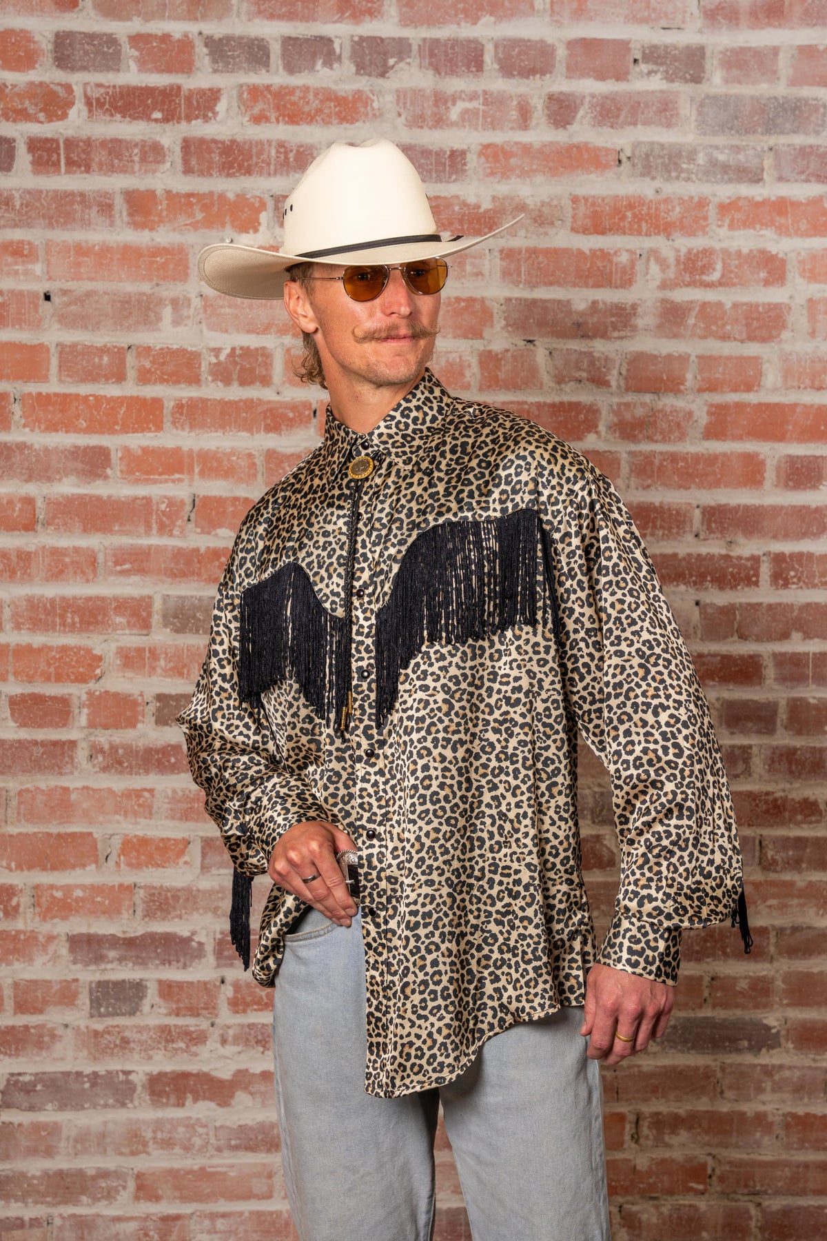 Men's Rock Star Leopard Fringe Western Shirt by Rockmount Ranch Wear in vintage leopard print with fringe