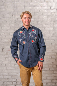 Men's Vintage Navy Art Deco Floral Embroidered Western Shirt