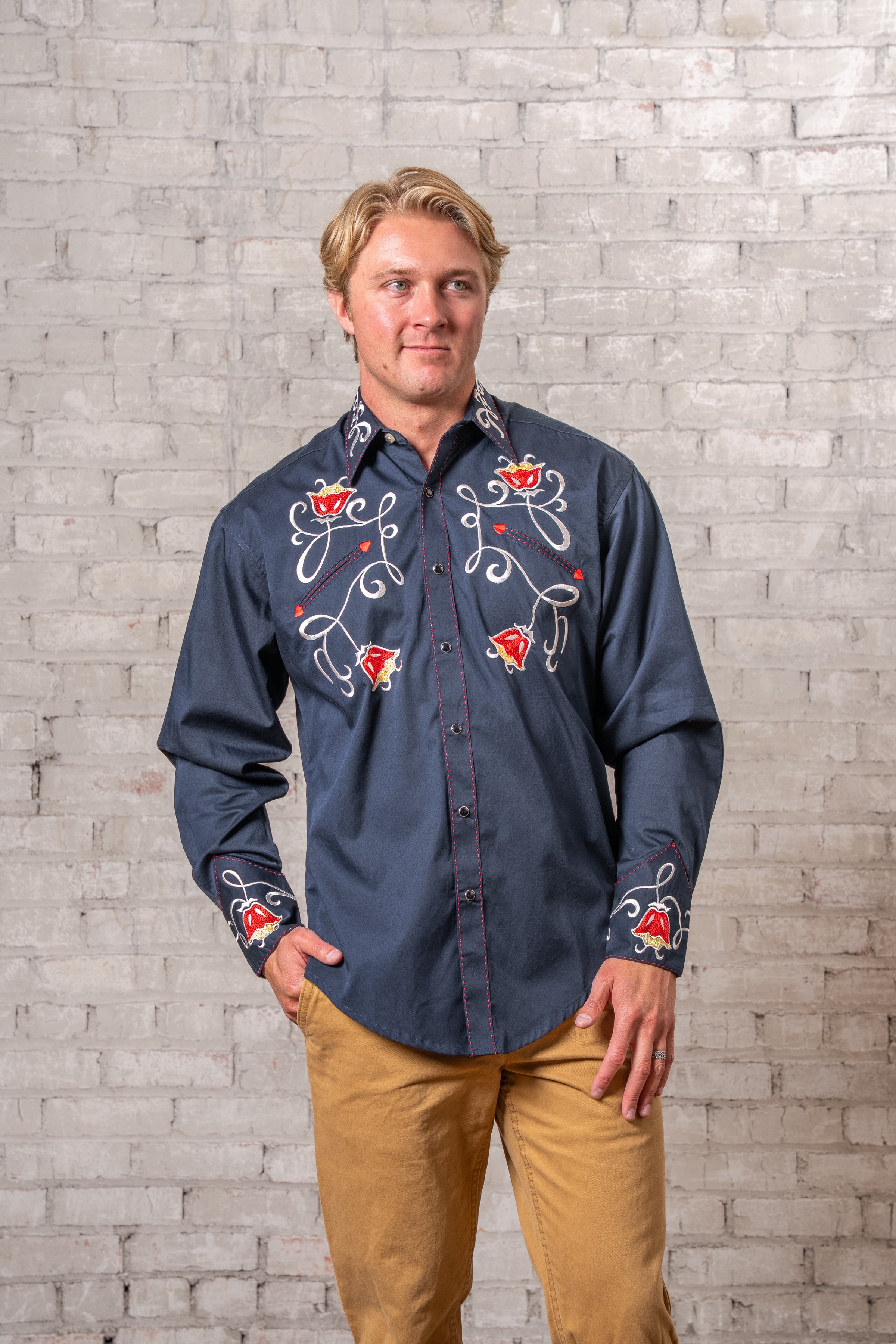 Men's Vintage Navy Art Deco Floral Embroidered Western Shirt