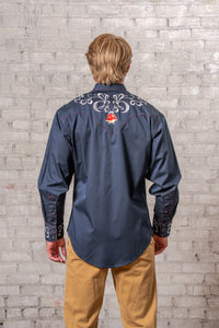 Men's Vintage Navy Art Deco Floral Embroidered Western Shirt