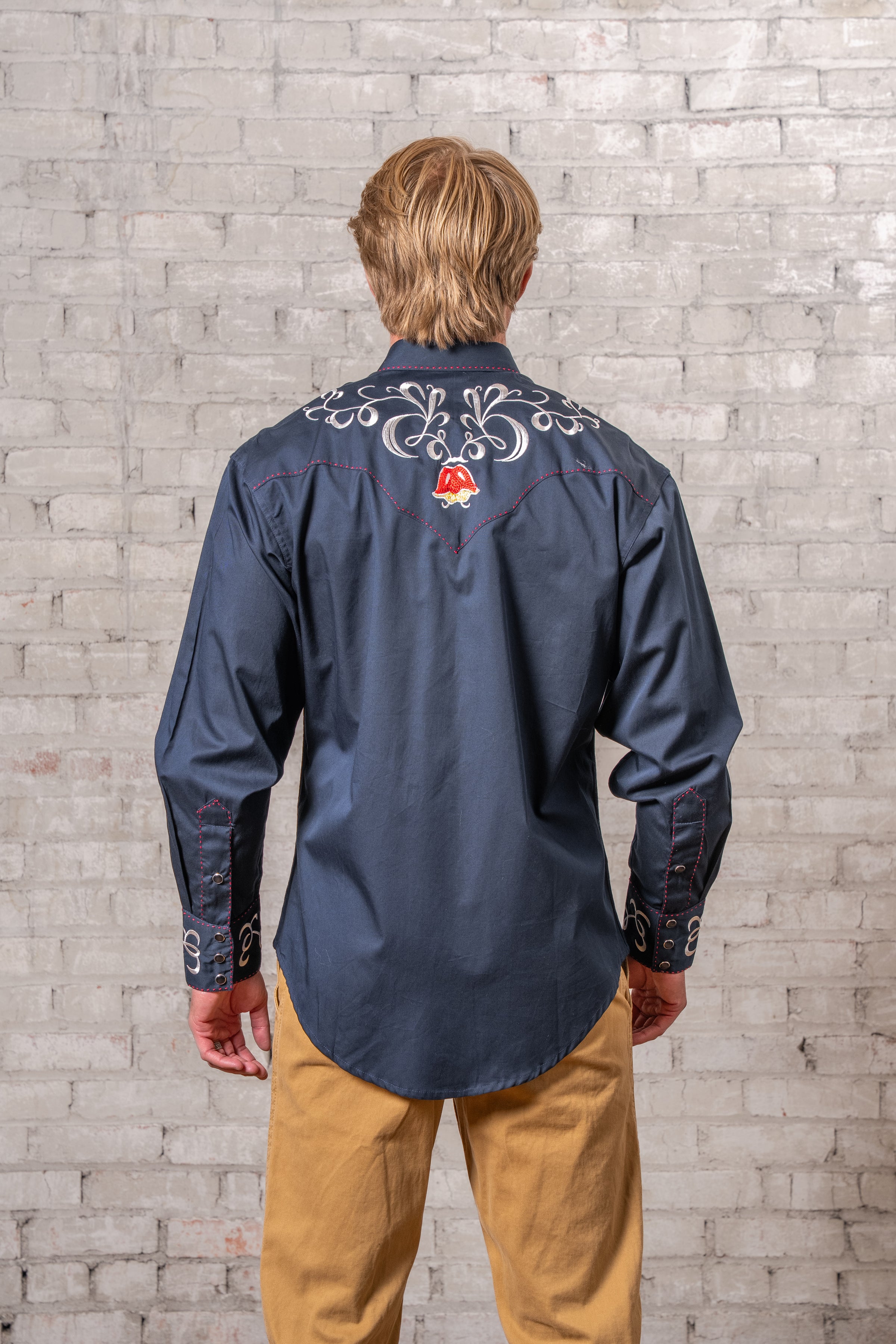 Men's Vintage Navy Art Deco Floral Embroidered Western Shirt