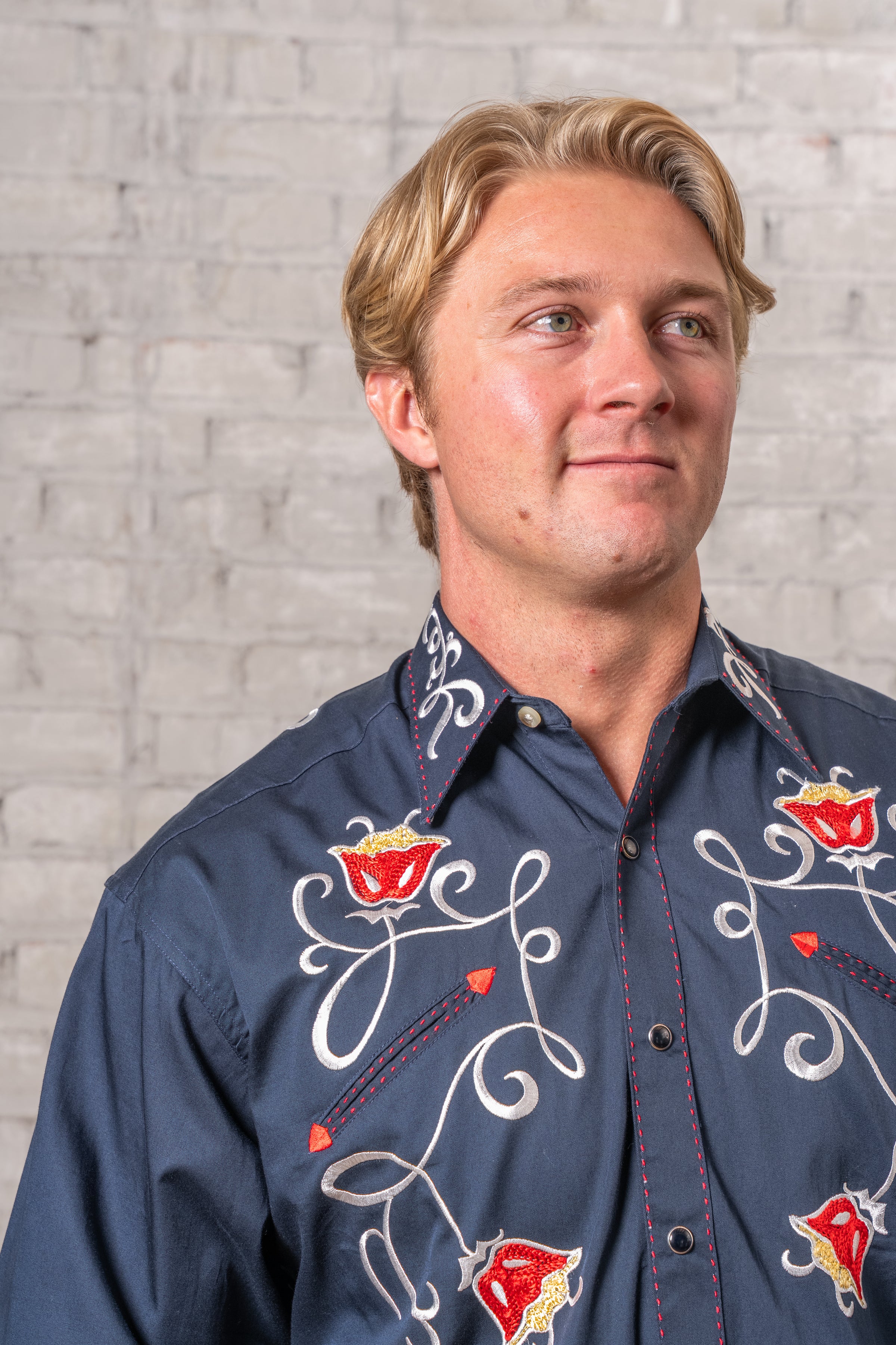 Men's Vintage Navy Art Deco Floral Embroidered Western Shirt