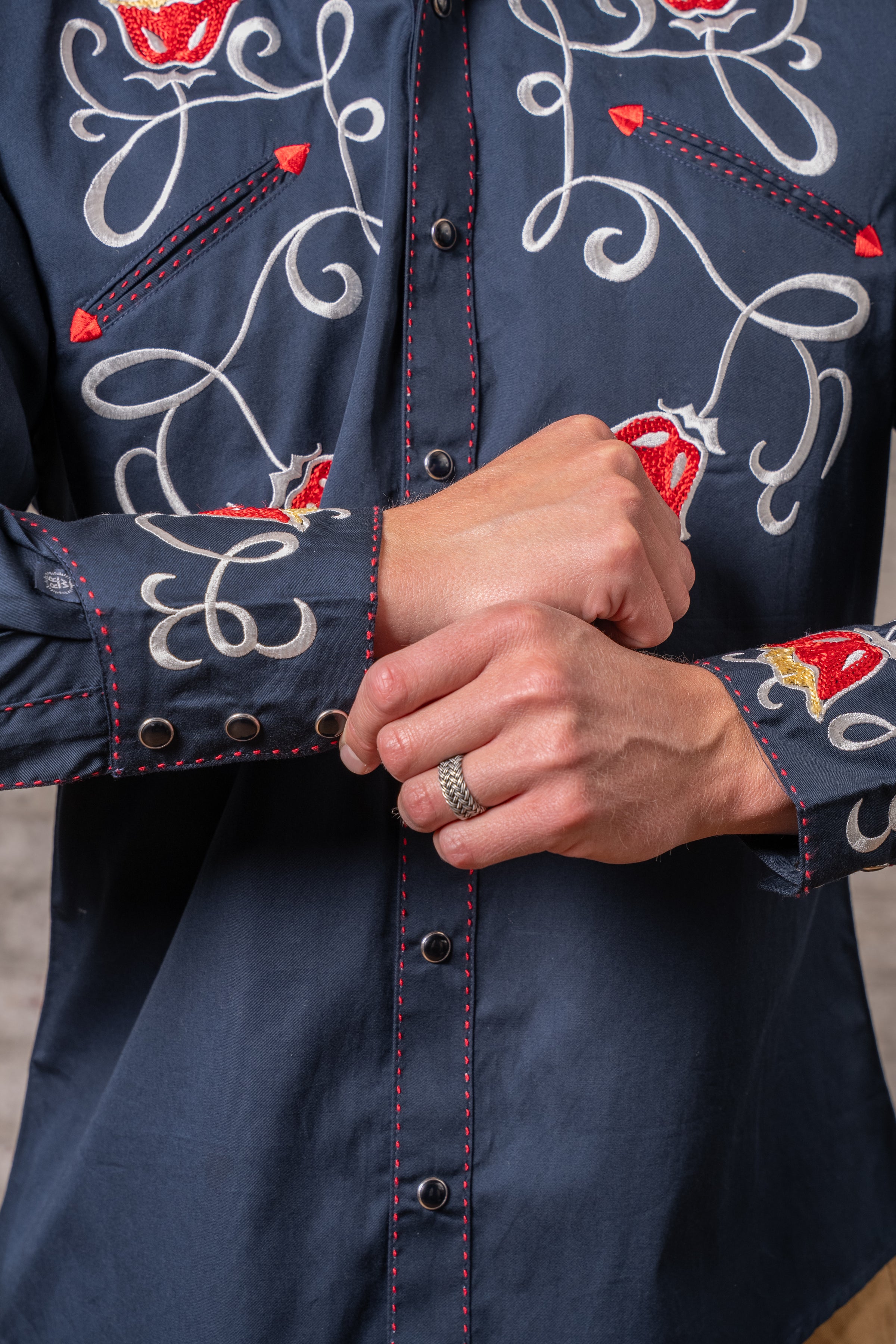 Men's Vintage Navy Art Deco Floral Embroidered Western Shirt