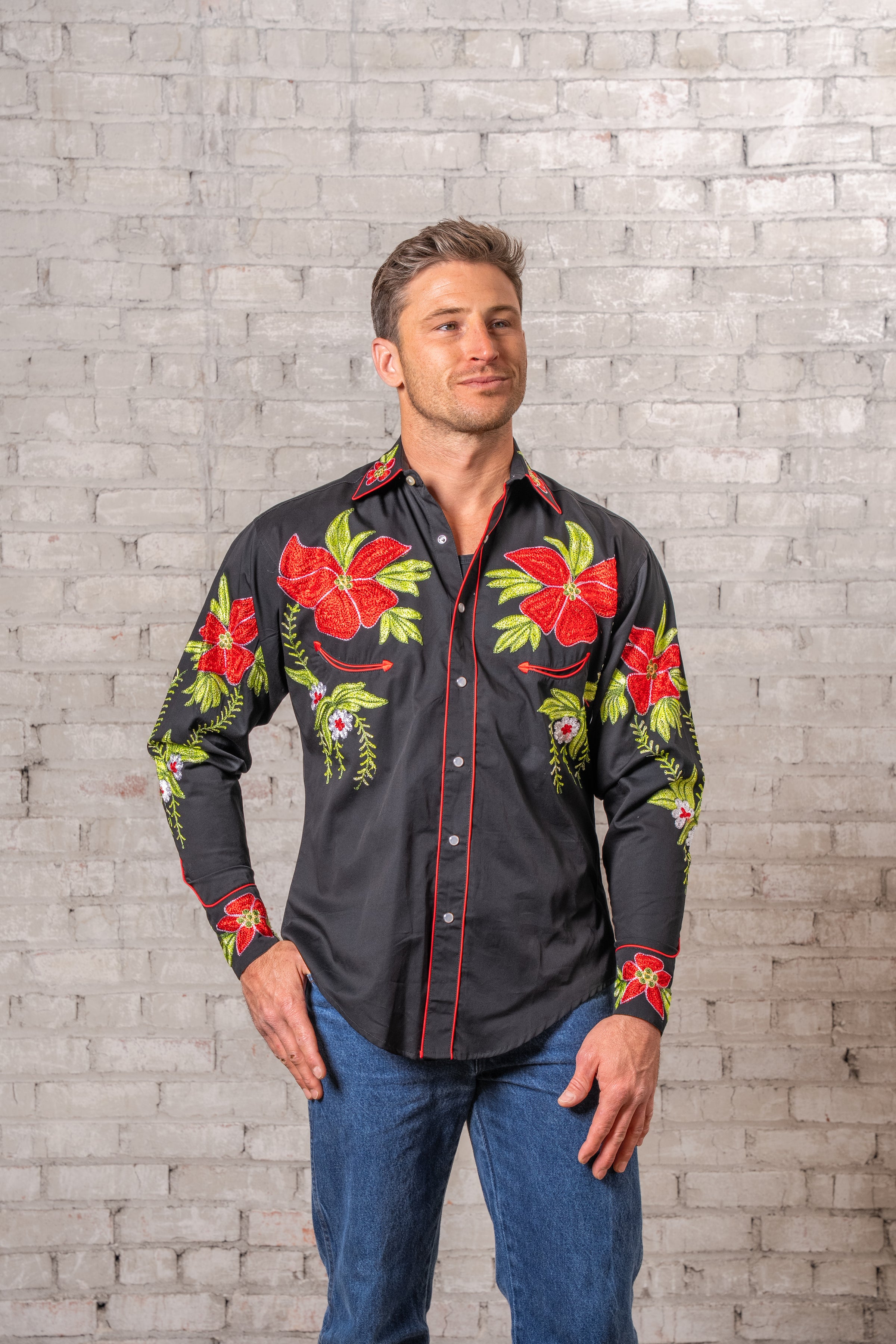 Men's Hawaiian Hibiscus Cotton Gabardine Western Shirt