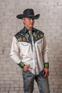 Men's Vintage Black Cactus & Stars Chain Stitch Embroidered Western Shirt