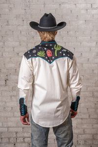 Men's Vintage Black Cactus & Stars Chain Stitch Embroidered Western Shirt
