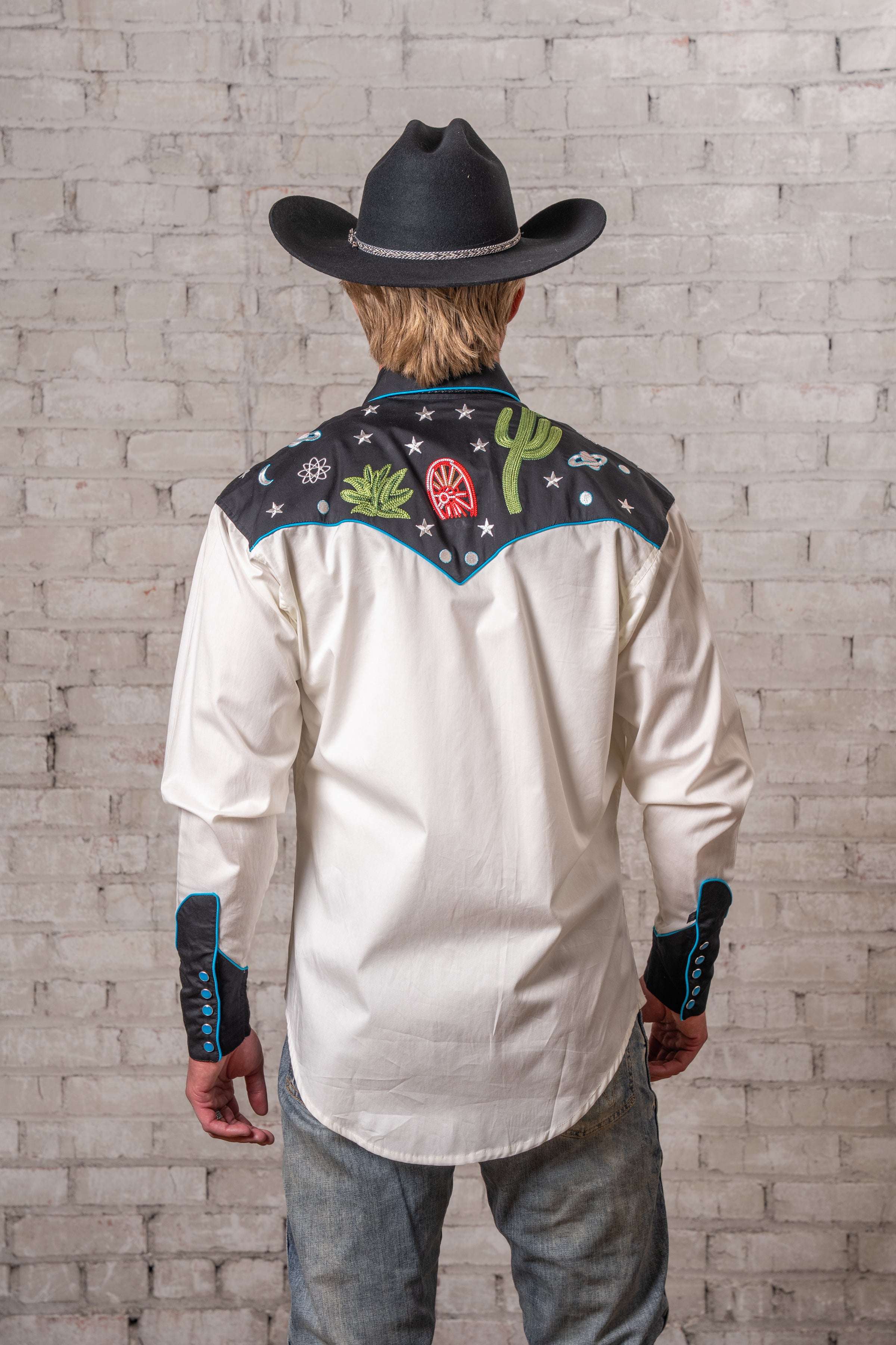 Men's Vintage Black Cactus & Stars Chain Stitch Embroidered Western Shirt