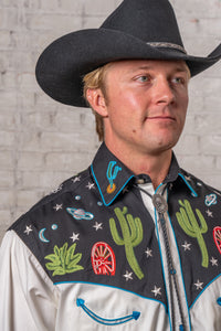 Men's Vintage Black Cactus & Stars Chain Stitch Embroidered Western Shirt