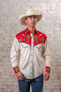 Men's Vintage Red Cactus & Stars Chain Stitch Embroidered Western Shirt