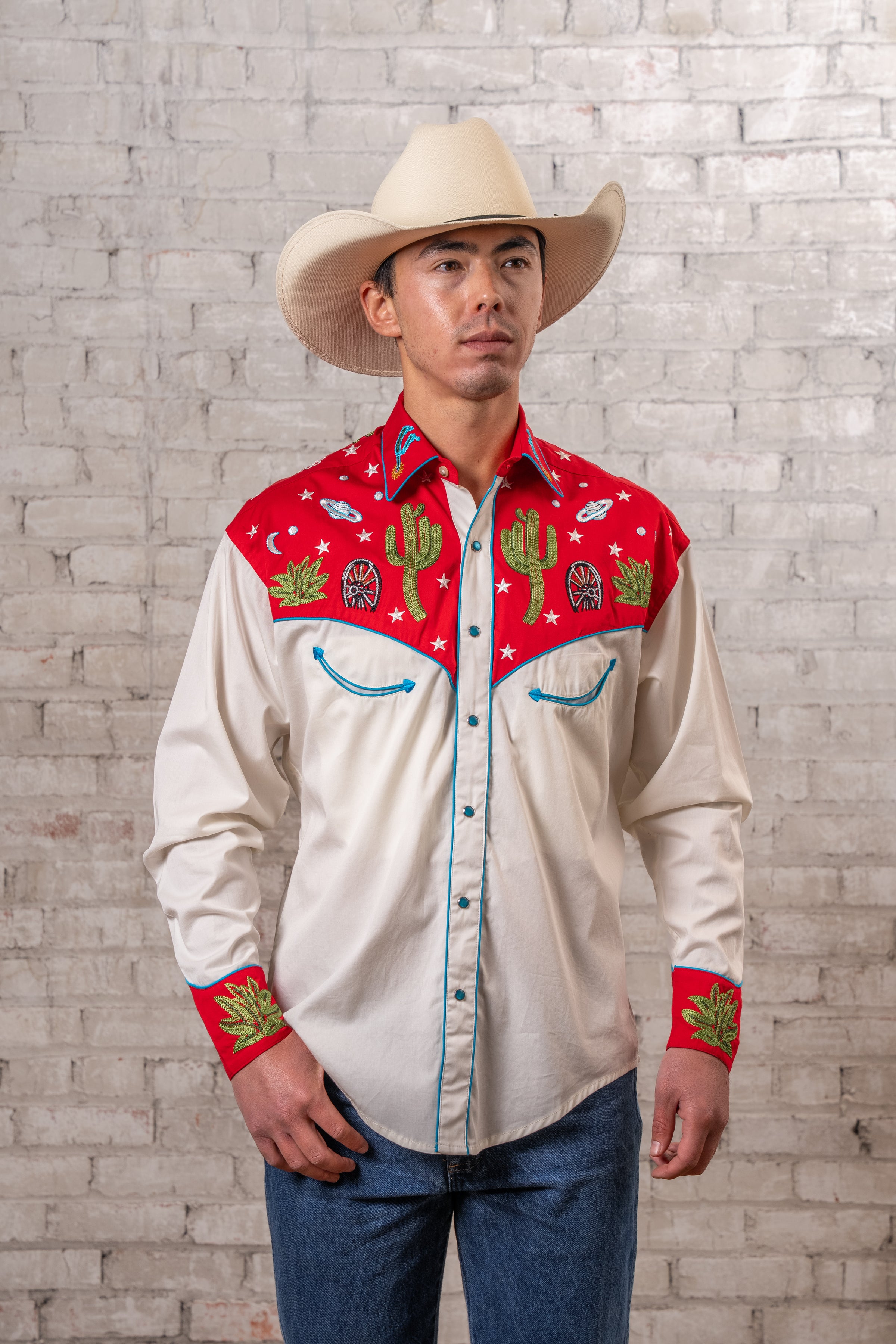 Men's Vintage Red Cactus & Stars Chain Stitch Embroidered Western Shirt