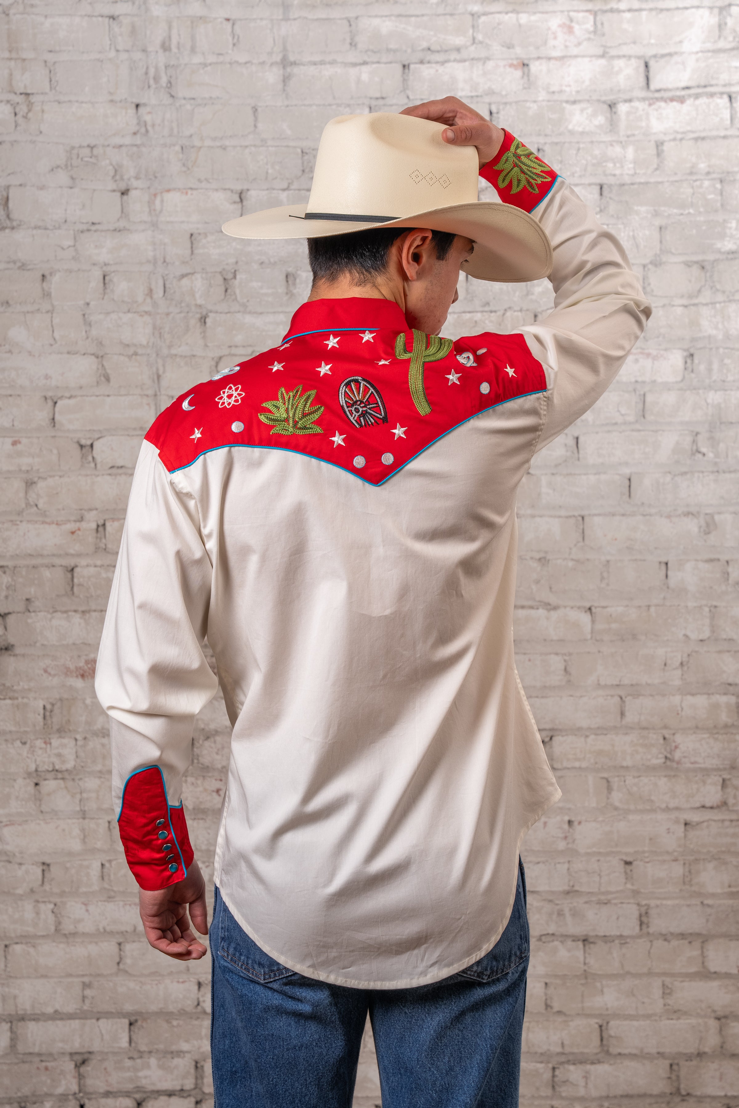 Men's Vintage Red Cactus & Stars Chain Stitch Embroidered Western Shirt