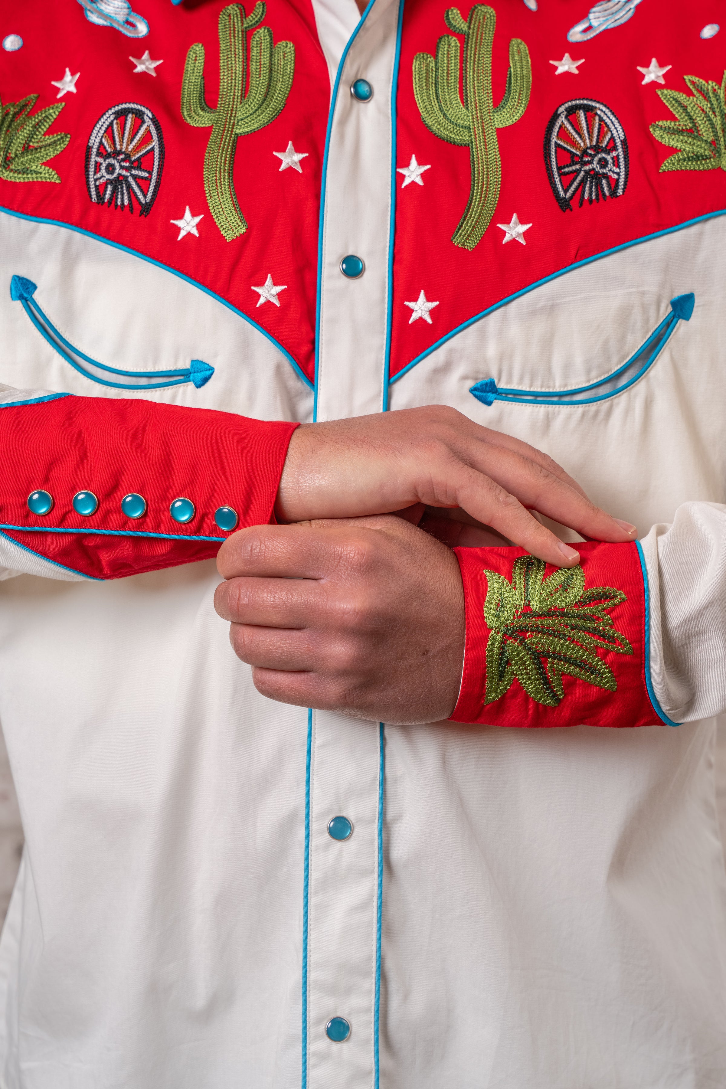 Men's Vintage Red Cactus & Stars Chain Stitch Embroidered Western Shirt