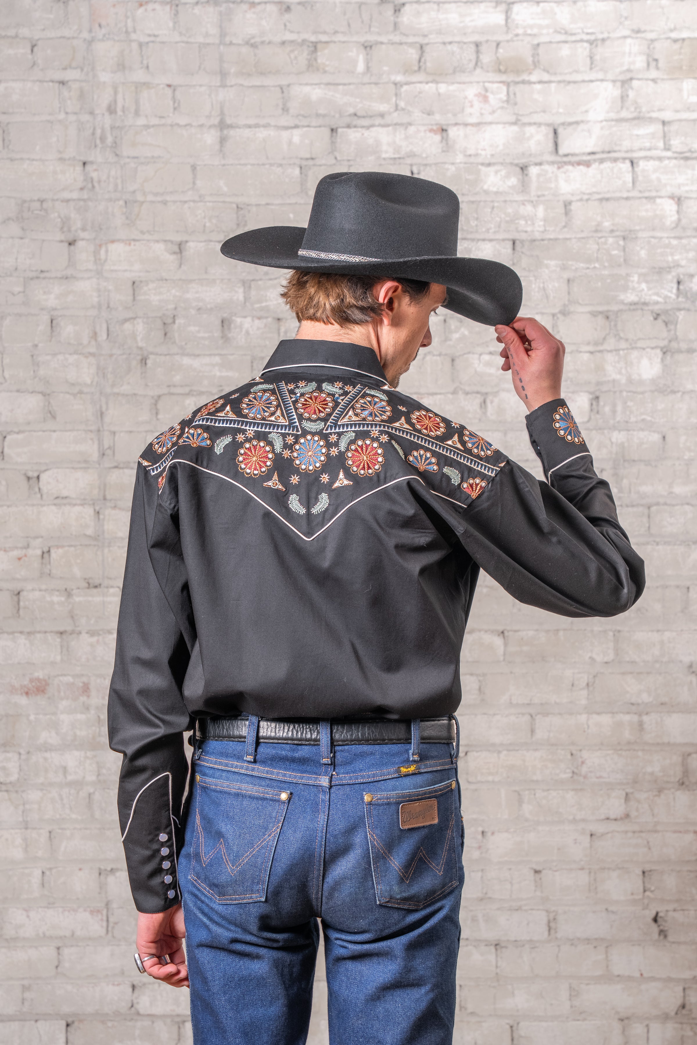 Men's Vintage Black Floral & Stars Embroidered Western Shirt
